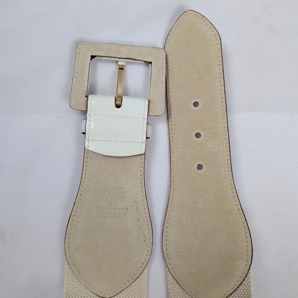 Wide Leather Elastic Cinch Waist Belt M/L Off White Buckle Coastal Prep